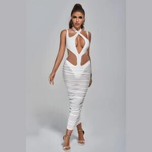 Sexy Alluring Bandage Midi Dress White Ruched Mesh Cutout Size S
